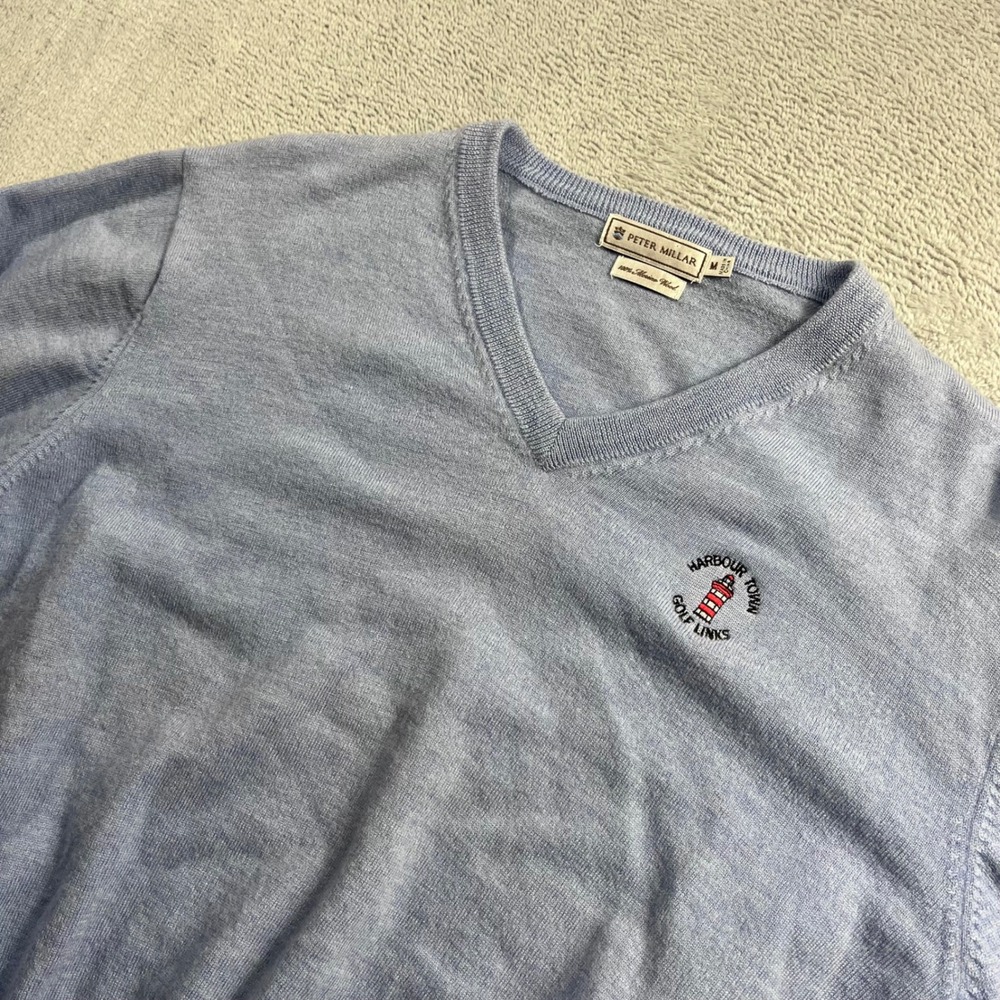 Peter Millar Mens M Blue Merino Wool V-Neck Sweater Harbour Town Golf Links